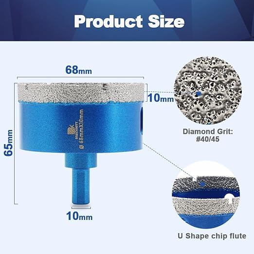 Dry Diamond Core Drill Bit,BRSCHNITT 68mm Diamond Hole Saw Core Drill Bit with Triangle Shank for Porcelain Tile Ceramic Stone Granite Marble（2pcs）