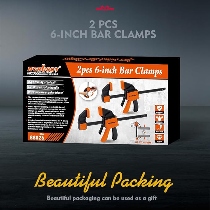 HORUSDY 6-Inch Bar Clamps for Woodworking, 2-Pack Quick Grip Clamps, Heavy-Duty F-Clamp & Spreader, Trigger Clamp with 150 LBS Load Limit for Woodworking, Carpentry, and DIY Projects