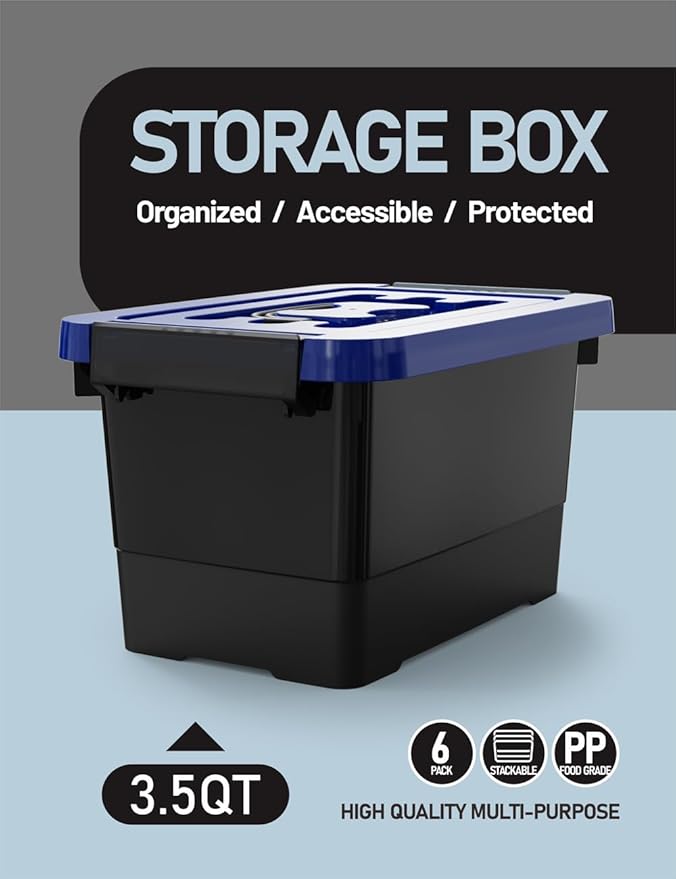 WYT Plastic Storage Bins with Lids and Latch, 6-Pack Small Stackable Plastic Organizing Box with Buckle and Handle, 3.5 Quart Durable Nestable Totes Containers (Black/Blue)
