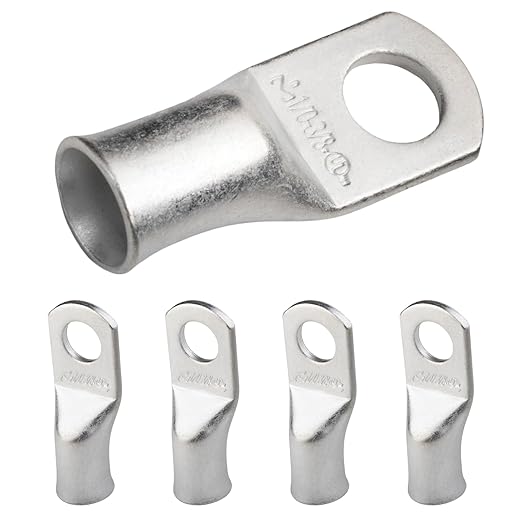 SELTERM 5pcs 1/0 AWG 3/8" Stud Tinned Copper Wire Lugs, Battery Lugs, Ring Terminals, Battery Cable Ends, 0 Gauge Ring Terminal Connectors, UL Marine Grade Electrical Battery Terminal Connectors