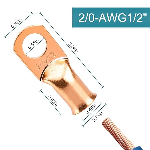 4PCS Battery Cable Ends, 2/0 Gauge Wire Connectors 1/2 Copper Wire Lugs, Bare Copper Eyelets with Heat Shrink Tubing by HOUSUN