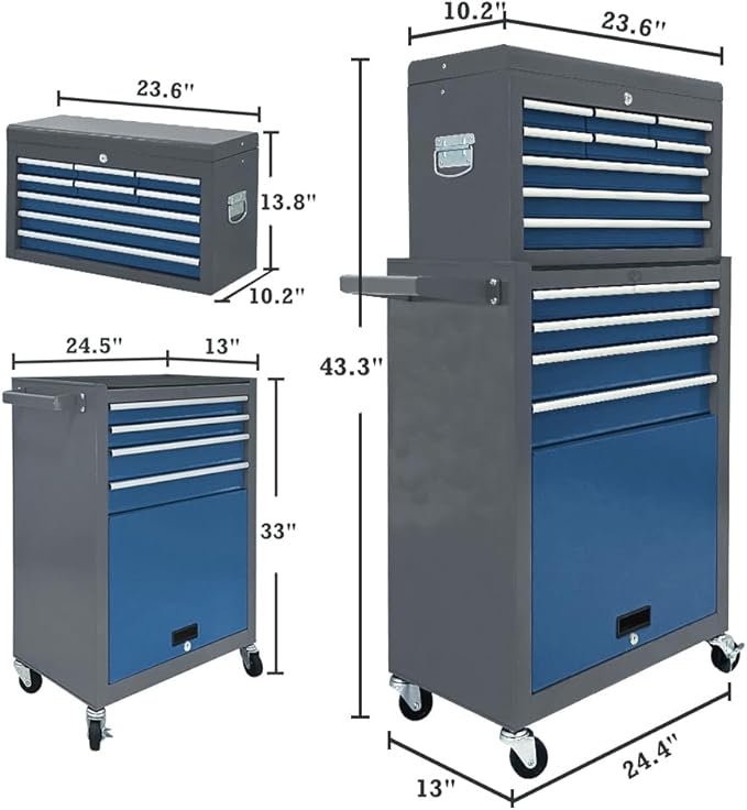 Kirmoasl 13-Drawer Rolling Tool Chest,Large Tool Chest with Wheels,2 in 1 Detachable Tool Chests,Portable Tool Storage,Locking Mechanic Tool Box for Warehouse,Garage (Gray&Blue)