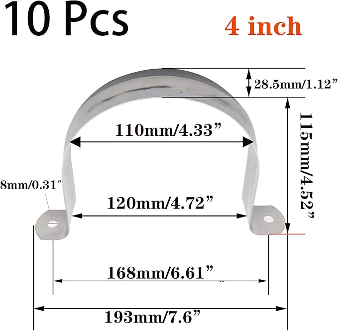 10 Pcs 4inch Rigid Pipe Strap,Two Hole Stainless Steel Strap U Bracket, Widened Tube Strap Tension Clip Assortment Kit Heavy Duty Pipe Clamp for Pipe Fixing（110mm）