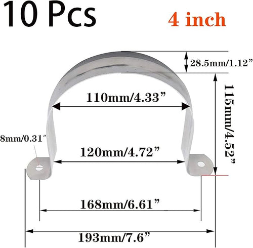 10 Pcs 4inch Rigid Pipe Strap,Two Hole Stainless Steel Strap U Bracket, Widened Tube Strap Tension Clip Assortment Kit Heavy Duty Pipe Clamp for Pipe Fixing（110mm）