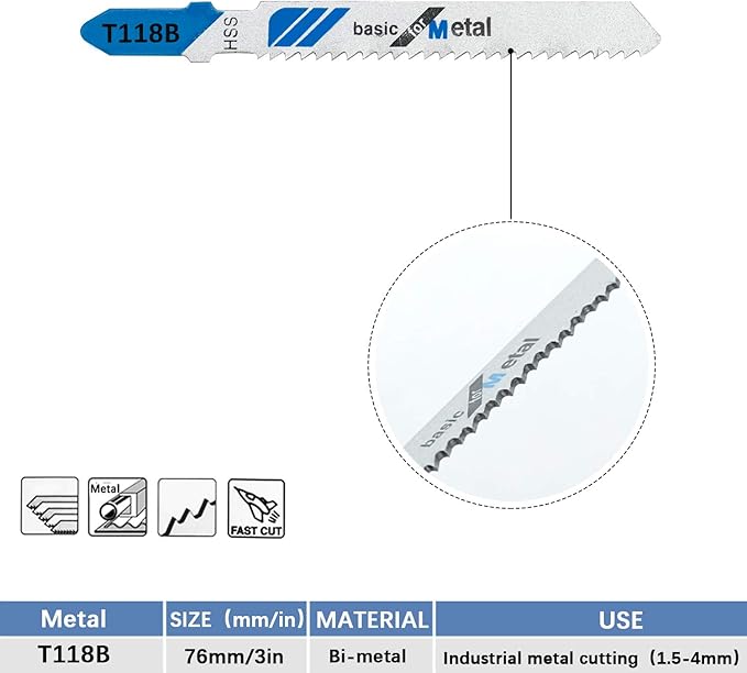 10-Piece T118B 3 Inch 12 TPI Assorted T-Shank Jig Saw Blades Set for Cutting Metal