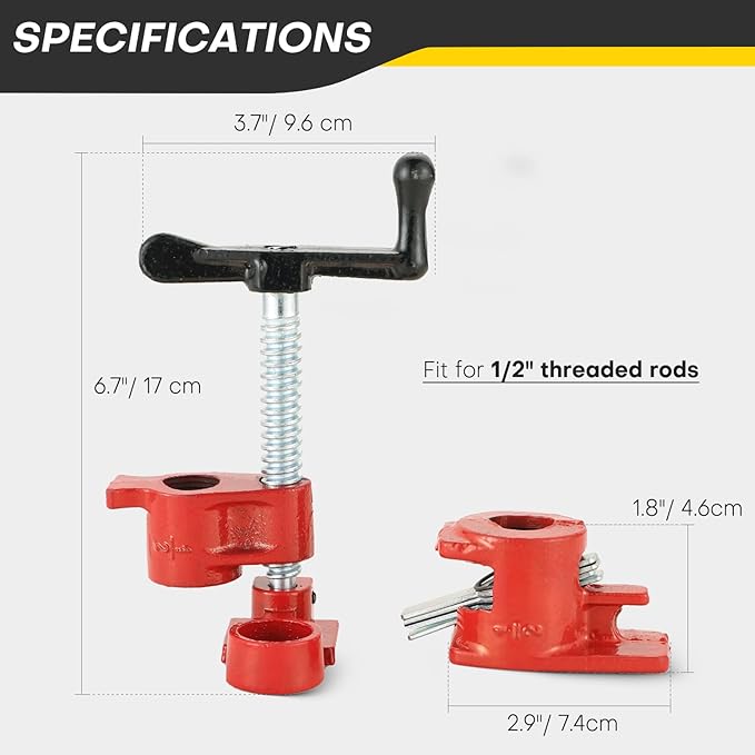 Wood Gluing Pipe Clamp Set | 1/2" Heavy Duty Woodworking Cast Iron Pipe Clamps Quick Release Pipe Wood Clamps (6 Pack, 1/2")