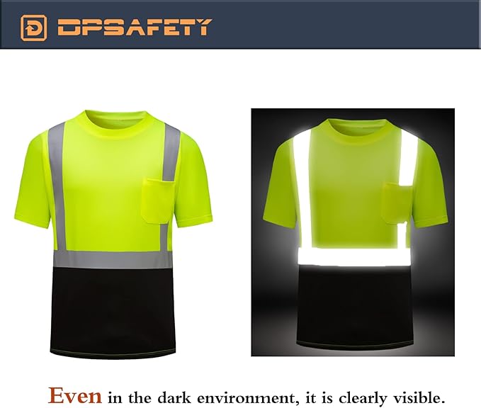 High Visibility Shirts Quick Dry Safety T Shirts with Reflective Strips and Pocket Short Sleeve Mesh Hi Vis Construction Work Class 2 Shirt for Men/Women Black Bottom Lime,Large