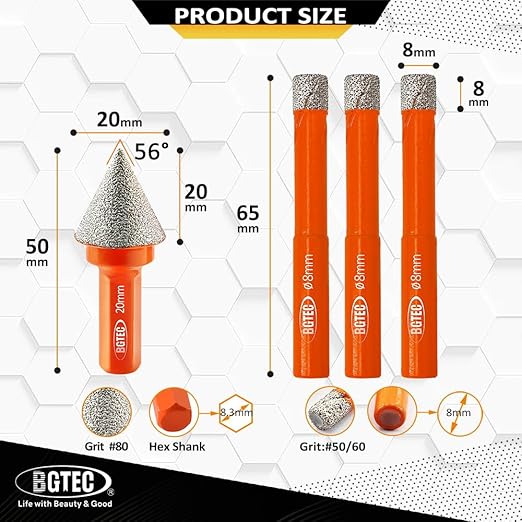 Dry Diamond Drill Bit Set - BGTEC 3pcs 5/16" 8mm Hole Saw and 1pc 4/5" Dimaond Chamfer bit for Granite Marble Porcelain Ceramic,Vacuum Brazed Diamond Core Drill Bit Kit