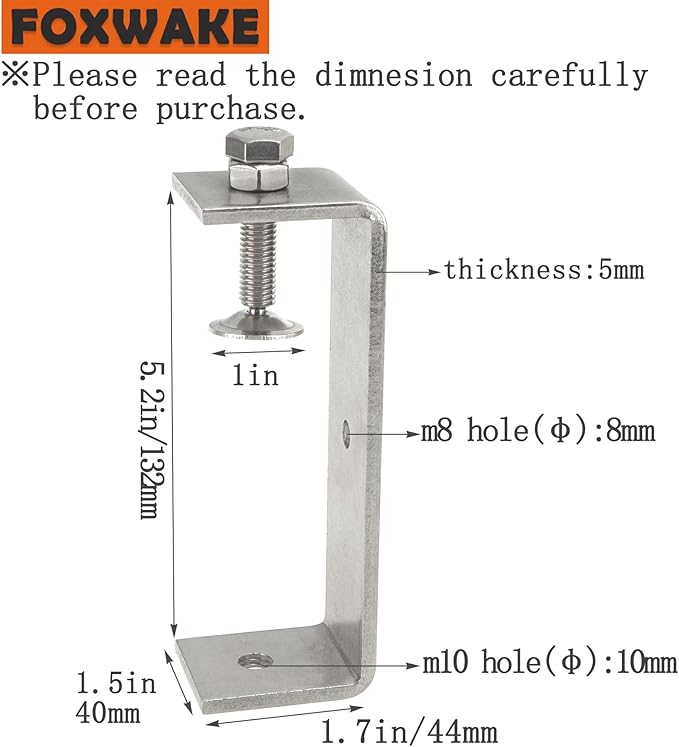 Stainless Steel C Clamps Small 5 Inch for Mounting, Heavy Duty U Clamps for Metal Working, Desk Clamp with Stable Wide Jaw Opening & Protective Pads/I-Beam Design (2pcs)