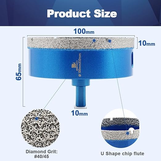 Dry Diamond Core Drill Bit,BRSCHNITT 4 Inch 100mm Diamond Hole Saw Core Drill Bit with Triangle Shank for Porcelain Tile Ceramic Stone Granite Marble（2pcs）