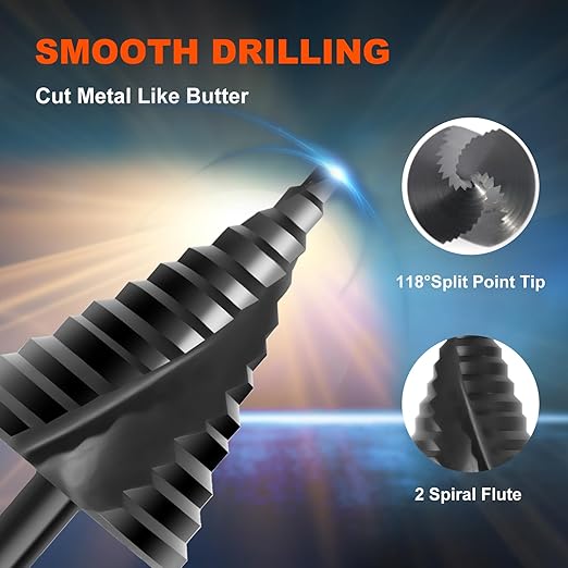 COMOWARE Step Drill Bit, 12 Sizes from 1/4" to 2-3/8", High Speed Steel Step Bit with 2 Spiral Flutes, 3-Flat Shank, Steps Bits for Metal, Aluminum/Wood/Plastic/Iron, Unibit for Electricians & DIY