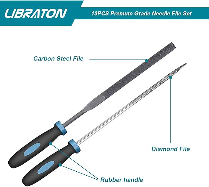 LIBRATON Small File Set, Needle Diamond Files 13PCS, 6pcs Jewlers & 6 Steel for Precision Metal Work, Wood, Woodworking, Plastic Carving Tool with Brush and Carry Case
