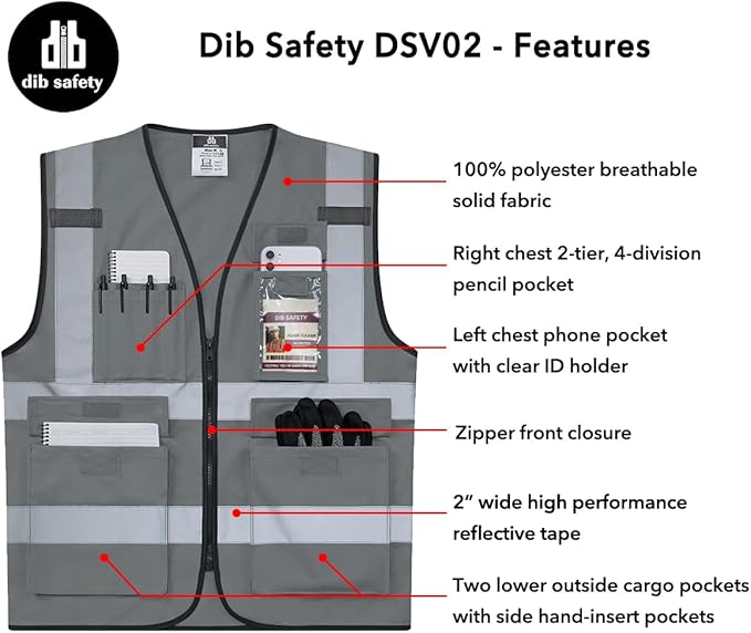 Dib Safety Reflective Vest High Visibility with Pockets and Zipper, Gray M