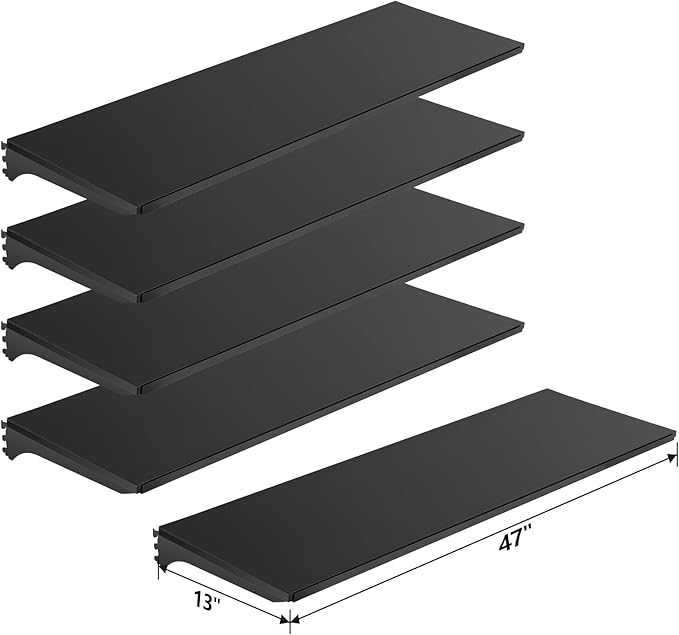 Eastern Tree 4 Packs Gondola Shelves 47 1/4”L x 13 1/2”W for Industrial Grade Black Pegboard Display Stand, 4 Shelves for Gondola Units with 8 Pieces Supply Arms