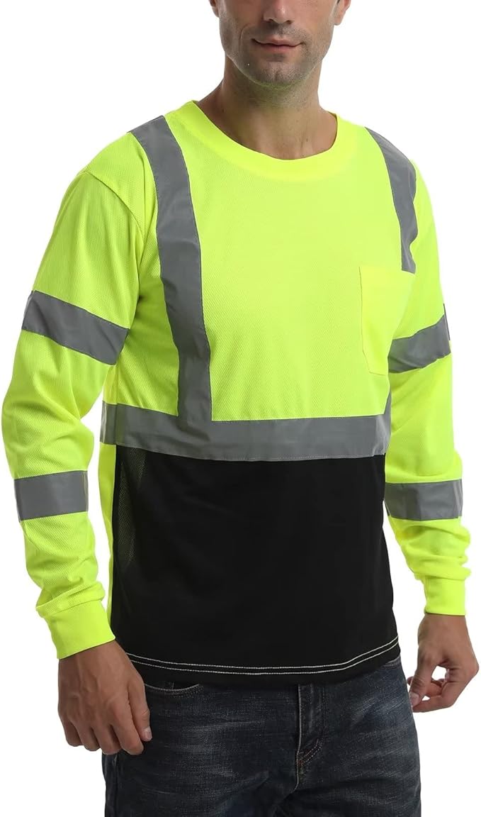 High Visibility Class 3 T Shirts，Hi Vis Safety Shirts with Reflective Strips and Pocket, Long Sleeve Quick Dry Mesh Construction Work Shirt for Men/Women Black Bottom Lime,Medium