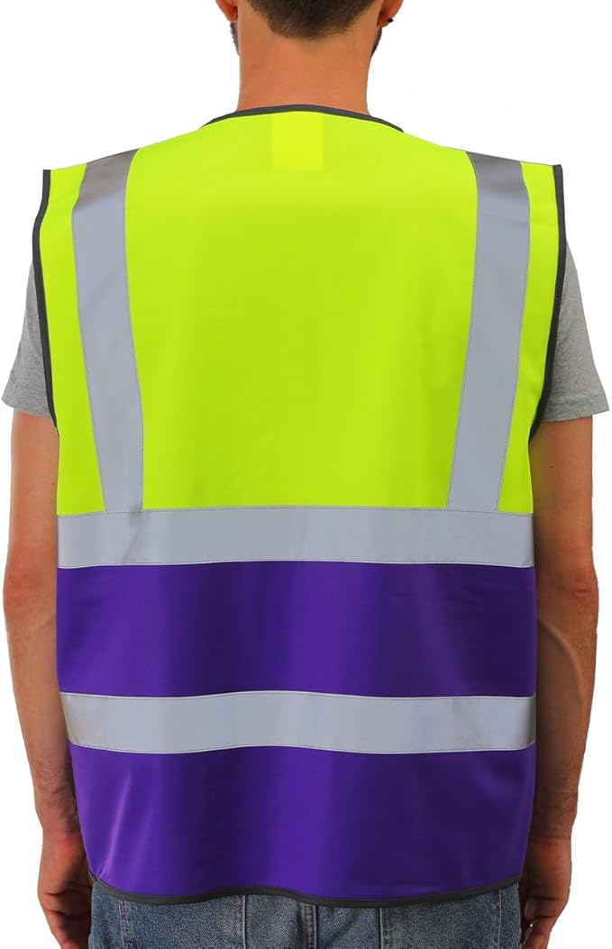 Dib Safety Reflective Vest High Visibility with Pockets and Zipper, Yellow and Purple 4XL