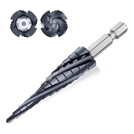 M35 Four Spiral Flute Cobalt Step Drill Bit, 1/8"-1/2" Wear-Resistant TiAlN Coated Four-Flute Step Bit, 1/4" Hex Shank Unibit Step Bit for Metal, Stainless Steel, Aluminum, Wood, Plastic