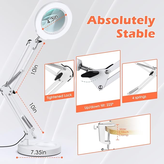 10X Magnifying Glass with Light and Stand, Real Glass Lens Desk Lamp, Lighted Magnifier with Light Stepless Dimming Hands Free for Craft, Reading, Painting, Sewing, Solder - White