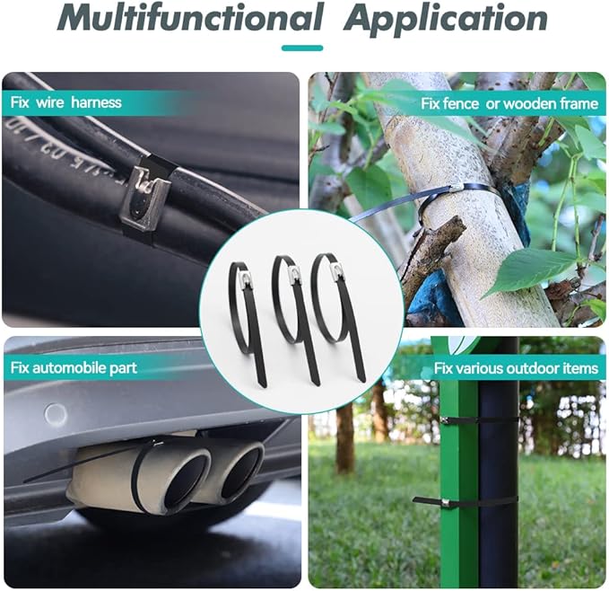 Metal Zip Ties Black 16 inch 304 Stainless Steel Epoxy Coated Locking Cable 220LB 400mm 100pcs Heavy Duty Exhaust Wrap Multi Purpose Binding for machinery, vehicles, farms, cables, pipes,Fence