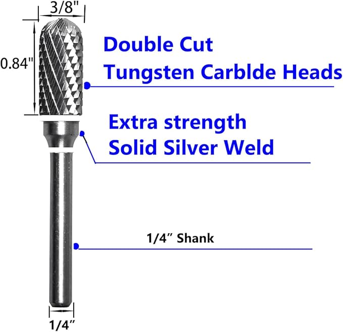 Carbide Burr Set 1/4" Shank SC-3 Die Grinder Bits Tungsten Double Cut Burr Bits (3/8" Cutter Dia X 0.80" Cutter Length) for Die Grinder Kits Metal Grinding Drilling Polishing (3pcs)