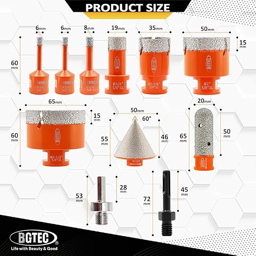 BGTEC Tile Hole Saw Kit Diamond - 11PCS 5/8-11 Thread Drill Bits 6/6/8/19/35/50/65mm+50mm Beveling Chamfer Bit+20mm Finger Bit+SDS/HEX Adapter for Pocelian Tile Ceramic Marble Granite Stoneware