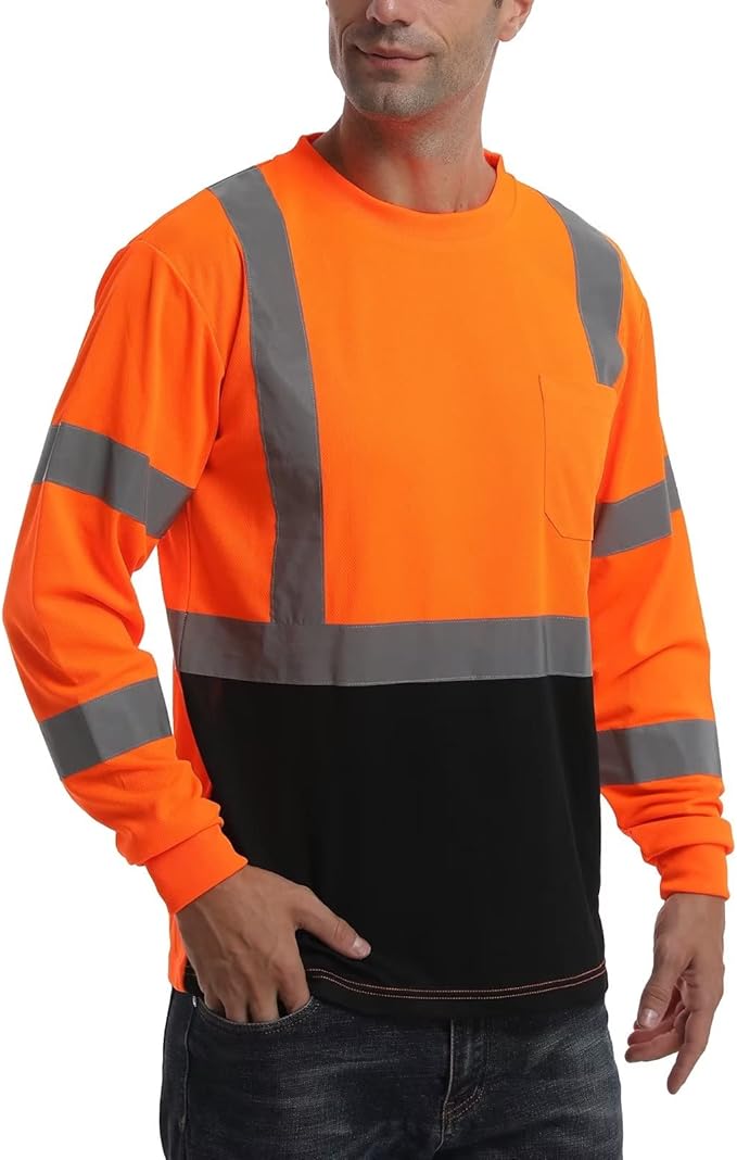 High Visibility Class 3 T Shirts，Hi Vis Safety Shirts with Reflective Strips and Pocket, Long Sleeve Quick Dry Mesh Construction Work Shirt for Men/Women Black Bottom Orange,3XL