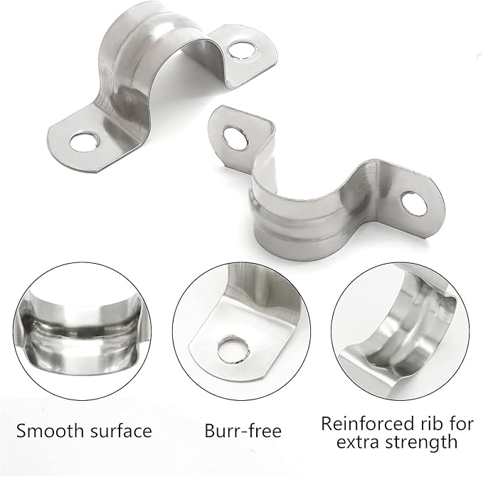 50 Pack 2 Inch 50mm U Bracket Rigid Pipe Strap Clamp, Two Hole Strap U Tube Pipe Conduit Clamp Clip for Pipe Fixing