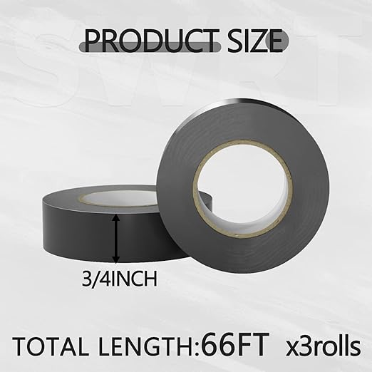 SWRT 0.75 in x 66 FT Black Electrical Tape Waterproof, 3 Pack High Temp Electric Tape Under 600V for All Weather - UV Protection - Flame Retardant