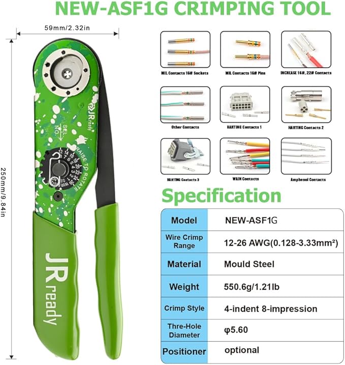 JRready ST2168 M22520 series Hand Crimp Tool Kit, NEW-AS2G(20-32AWG) NEW-ASF1G(12-26AWG) 4-indent Crimper and Go-Nogo Gauge Support Wire Size 12-32AWG