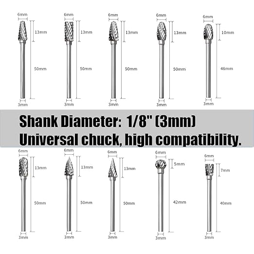 Tungsten Carbide Rotary Burr Set for Dremel, 10PCS Carbide Double Cut Carving Burr Bits with 1/8” Shank Rotary Tool Accessories for Woodworking, Engraving, Drilling, Steel Metal Working