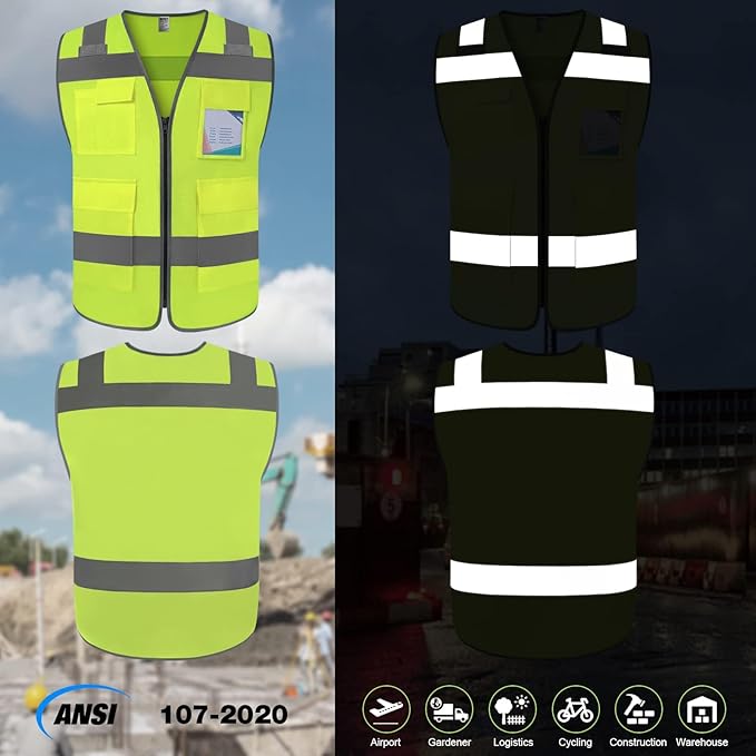 TCCFCCT Hi Vis Vest 5 Pockets High Visibility Reflective Safety Vest for Men Women, Neon Construction Vest with Horizontal Strip for Walkie-talkie & ID Card, Meets ANSI/ISEA Standards, T5-Yellow, 3XL