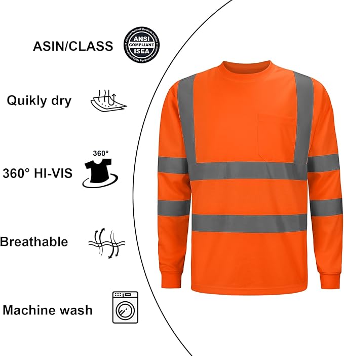 High Visibility Class 3 T Shirts，Hi Vis Safety Shirts with Reflective Strips and Pocket, Long Sleeve Quick Dry Mesh Construction Work Shirt for Men/Women Orange,6XL