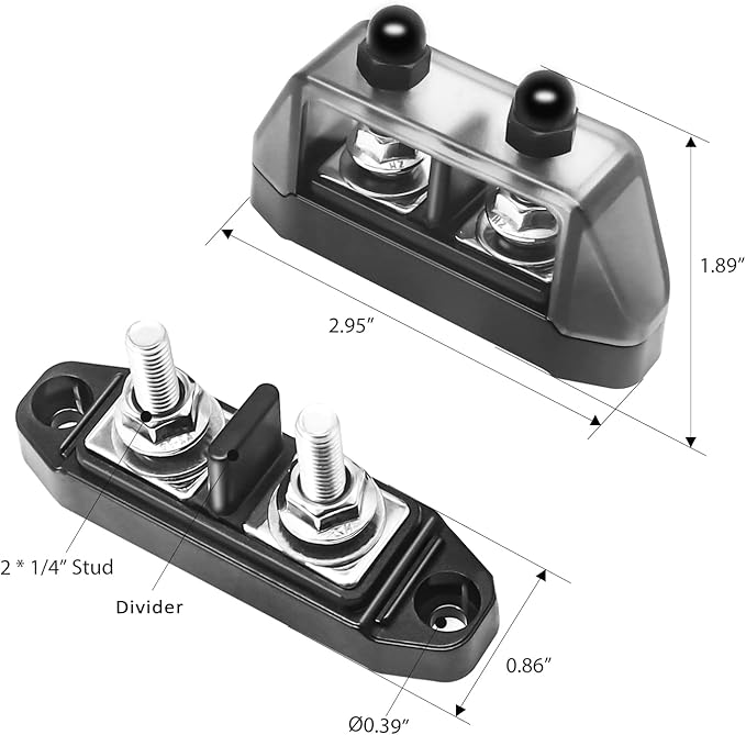 RECOIL Insulated 2 Position Power & Ground Busbar 2 x M5 Studs Terminal Power Distribution Block with Ring Terminals