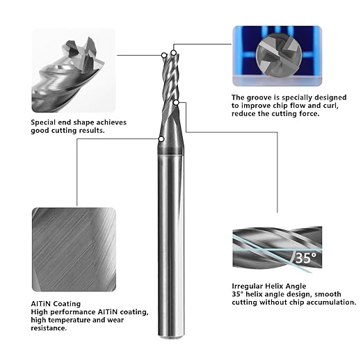 5pcs 1/16" Carbide Square End Mill Bits Set for Alloy Stees/Hardened Steels,Hrc55 Micro Grain Carbide Milling Cutter 4Flute CNC Router Bits with AlTiN Coating