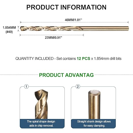 METALLIXITY Drill Bit (#49) 12Pcs, M2 High-Speed Steel Micro Number Bits Spiral Flute 135°Point Tip Gold Finish for Stainless Steel Iron Copper Aluminum Hard Metal
