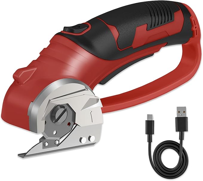 Cordless Electric Scissors, 4V Box Cutter & Cardboard Cutter with Upgrade Blade, LED Light, Safety Lock - Rechargeable Rotary Cutter for Fabric, Leather, Plastic, Crafting, Sewing, Industrial (Red)