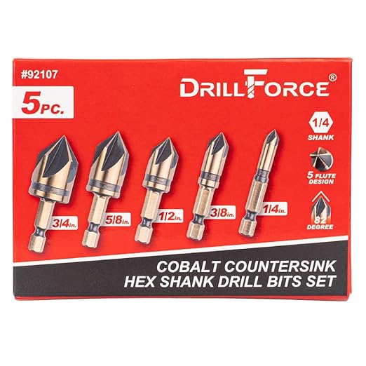 Cobalt Countersink Drill Bits Set(5PCS), M35 HSSCO 82 Degree 5 Flutes,1/4 Inch Quick Change Hex Shank for Stainless Steel, Metal, Wood, Carbon Steel 1/4'' 3/8'' 1/2'' 5/8'' 3/4''