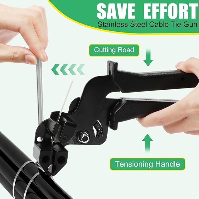 Heavy Duty Stainless Steel Cable Tie Gun Kit with 200 Self-Locking Metal Zip Ties, Adjustable Tension Cutting Tool for Garden Fence Repair, Outdoor Projects (100 of 11.8", 50 Each of 8.6", 6")