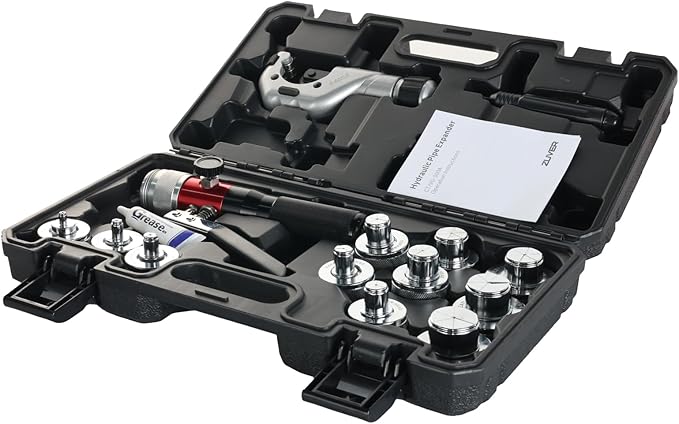 Tube Expander Swaging Tool Kit Hydraulic HVAC Copper Expansion Compact Set with 11 Heads Expanding from 3/8 to 1-5/8 Inch, Includes Tube Cutter and Deburrer