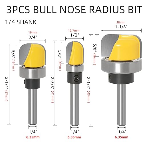 3Pcs 1/4" Shank 1/2",3/4",1-1/8" Carbide Round Nose Groove Router Bit Set Template Router planing Head Set with Ball Bearing Engraving Router planing Head Wood Cutter Woodworking Tools
