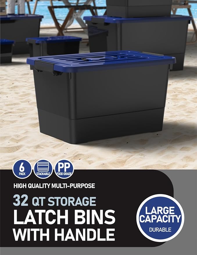 WYT 32 Quart Stackable Plastic Storage Bins with Blue Lids, 6 Pack Black Containers with Latching Buckles and Handle, Durable Nestable Boxes Organizing for Closet, Garage, Tool Room