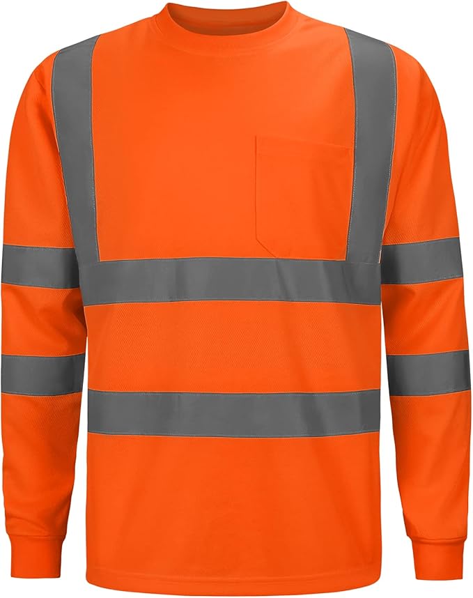 High Visibility Class 3 T Shirts，Hi Vis Safety Shirts with Reflective Strips and Pocket, Long Sleeve Quick Dry Mesh Construction Work Shirt for Men/Women Orange,6XL