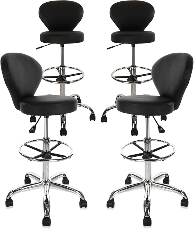 Black PVC Faux Leather Drafting Chair Set of 4 Rolling Swivel Salon Stool with Back Support Foot Rest Adjustable Hydraulic Seat Height for Massage Facial Spa Medical Drafting Tattoo Beauty