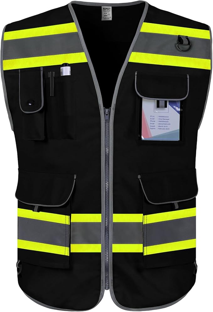 TCCFCCT High Visibility Vest 9 Pockets Reflective Safety Vest for Men Women, Hi Vis Construction Work Vest with Yellow Extend Edge for Surveyors, Durable to Use, Meets ANSI/ISEA, (DB-Black, X-Large)