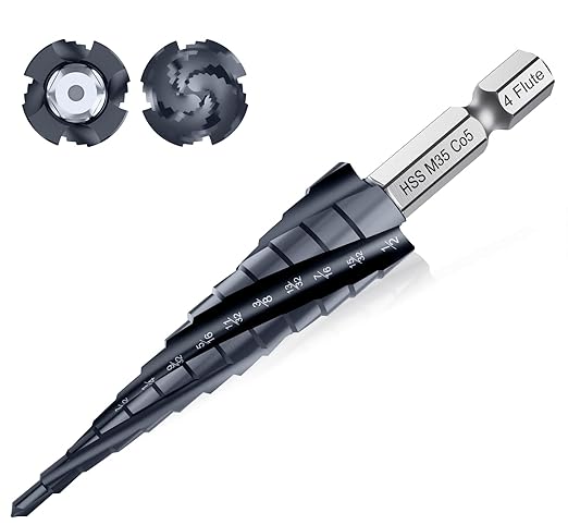 Four Sprial Flute M35 Cobalt Step Drill Bit, 1/8"-1/2" Ultra TiAIN Coated Unibit Step Bit, 1/4" Hex Shank Drill Bit for Metal, Stainless Steel, Aluminum, Copper, Wood, PVC