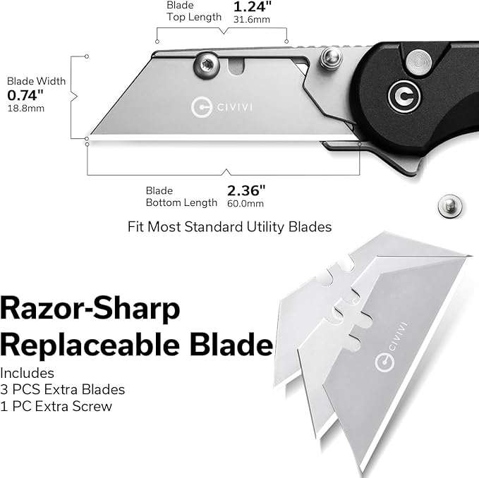 CIVIVI Folding Utility Knife Box Cutter, Elementum Utility Pocket Edc Knife with 3Pcs Extra Razor Blades, Three Ways to Open, Ideal Gifts for Men Women C23039B-1