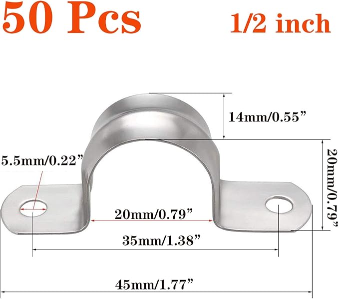 50 Pcs 1/2inch Rigid Pipe Strap,Two Hole Stainless Steel Strap U Bracket, Widened Tube Strap Tension Clip Assortment Kit Heavy Duty Pipe Clamp（20mm）