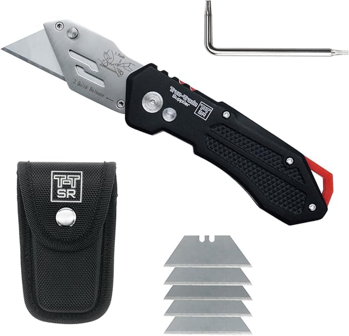 Heavy Duty Folding Utility Knife with Maintenance Tool, Holster, Nylon Pouch, Belt Clip, Stainless Steel Box Cutter, One Year Warranty