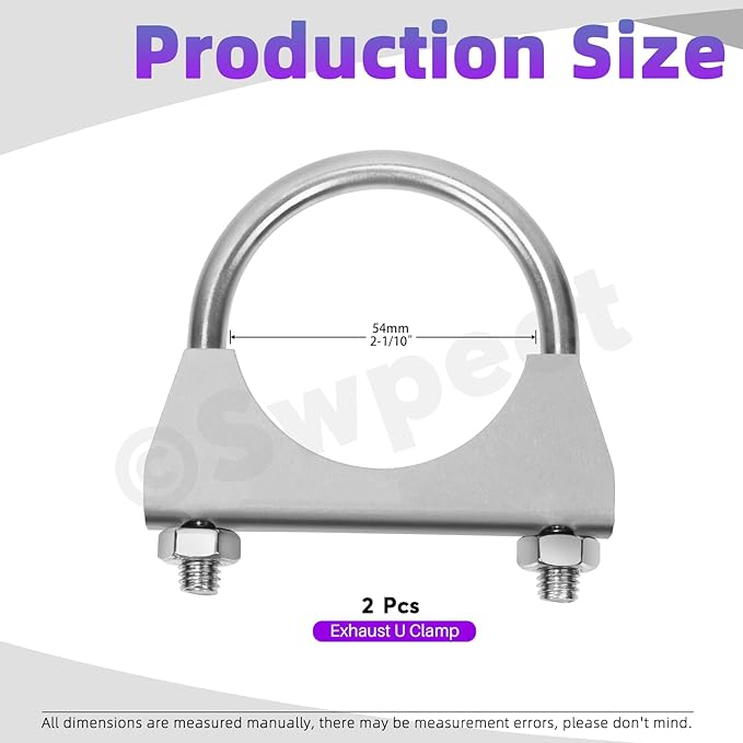 Swpeet 2Pcs 2.1 Inches Exhaust U Clamp Kit, 2-1/10 Inches Stainless Steel Muffler U-Bolt Clamps, Universal Heavy Duty U-Bolt Muffler Clamp Ideal for Tip Pipes Connection