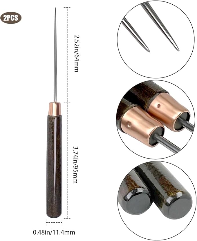 2 Pcs Scratch Awl Tool, with Wooden Handle, Leather Awl Punch Tool,Tailors Awl, for Punching Stitching Sewing, Awl Repair Tool for Leather Craft